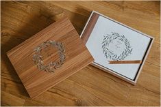 a wooden box with a wedding card inside