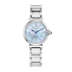 Dress up your everyday look with the classic and romantic design of this ladies' Citizen Eco-Drive® L Mae diamond accent silver-toned watch. The mother-of-pearl dial features three blue hands, silver-toned roman numeral markers, a curving design inspired by May bells and a diamond accent marker at 8 o'clock. 29.5mm stainless steel case with anti-reflective sapphire crystal and a perfume bottle topper-inspired crown Japanese quartz movement keeps accurate time while Citizen Eco-Drive® technology Citizen Watches, Diamond Watches Women, Eco Drive Watches, Citizen Watch, Citizen Eco, Watches For Women, Delicate Beauty, Eco Drive, Analog Watch