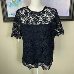 Nwt Nanette Lepore Dark Navy Blouse, Size L Beautiful Dark Navy Blouse With High Neckline And Gold Zipper Please See Photos For Measurements Fitted Short Sleeve Lace Top For Work, Spring Evening Crew Neck Blouse, Crew Neck Evening Blouse For Spring, Evening Crew Neck Blouse For Spring, Summer Evening Short Sleeve Lace Top, Short Sleeve Lace Top For Evening In Summer, Evening Lace Top With Short Sleeves For Summer, Lace Tops For Summer Workwear, Sheer Lace Short Sleeve Top