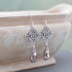 Silver Art Nouveau Chandelier Earrings with Crystal Teardrops April Ideas, Time Jewelry, Beadwork Ideas, Display Jewelry, Lace Earrings, Light Earrings, Etsy Seo, Earrings Inspiration, Teardrop Beads