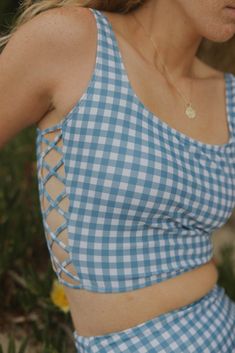 Blue and White Gingham Modest Bikini Top | Geode Swimwear Spring Beach Tank Top With Square Neck, Square Neck Tank Top For Beach, Spring Sleeveless Bra-friendly Tankini, Spring Poolside Tank Top With Built-in Bra, Fitted Top With Strappy Back For Summer, Casual Square Neck Tank Top For Beach, Trendy Fitted Summer Tankini, Trendy Fitted Tankini For Summer, Fitted Blue Tankini For Summer