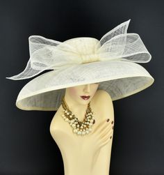 ✿*.Key Features.*✿ This is a Audrey Hepburn Style Hat. 19.75"(50cm) extra wide brim, the widest stiff brim hat in my store! I have same style, very beautiful!  Great for Kentucky derby, weddings, church, Easter, Royal Ascot, horse races, cocktails, tea party, or any hat wearing occasion. Hat base size: From front to back: 19.75" (50cm) From left to right: 19.75" (50cm) Wide brim Appr: 7~7.5"" Head girth: 22.5"(57cm), adjustable string inside to make smaller to fit your head.   If you want other colors in this style, just search the same item code in my store, you will find them. ✿*.Tip.*✿ ❣️If you want a customized piece, please follow the instructions below: 🔹Present style of hat or fascinator you would like from the store, with additional photos of your outfit and any other details you' Fitted Cream Panama Hat With Short Brim, Cream Fedora Panama Hat For Kentucky Derby, Cream Fedora Hat For Formal Occasions, White Panama Hat For Kentucky Derby Formal, Formal Cream Fedora Hat, Elegant Cream Fedora Panama Hat, White Panama Hat For Kentucky Derby, Elegant Cream Panama Hat With Flat Brim, Elegant Panama Hat With Curved Brim For Kentucky Derby