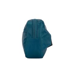 a small blue bag with zippers on the front and side, sitting against a white background