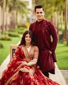 Engagement Attire For Indian Couple, Engagement Outfit Ideas Indian Couple, Karvachauth Outfit Ideas, Engagement Lehenga Indian Couple, Red Sherwani Indian Groom, Lehenga Bride And Groom, Couple Traditional Outfits Indian, Engagement Bride Indian, Engagement Lehenga For Bride