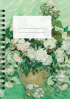 a spiral notebook with white flowers in a vase