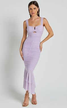 Kody Midi Dress - Bodycon Ruched Mesh Cut Out Dress in Lilac Lavender Party Dress With Ruched Bodice, Lavender Ruched Dress For Party, Fitted Lavender Ruched Dress, Elegant Lavender Ruched Dress, Purple Ruched Bodycon Dress For Night Out, Basic Black Dress, Neon Outfits, Bachelorette Dress, Spring Maxi Dress