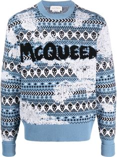 blue/multicolour wool fair isle intarsia knit distressed effect crew neck long sleeves elasticated hem elasticated cuffs Sweater Nordstrom, Black Alexander Mcqueen, Graffiti Logo, Black Men Fashion Swag, Egg Shell, Men Stylish Dress, Bold Logo, Luxury Men, Alexander Mcqueen Men