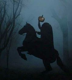 a painting of a man riding on the back of a horse with a pumpkin in his hand