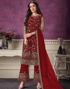 Red Pant style Suit Butterfly Net Salwar Kameez in Cording Embroidery & Lace Work Red Set With Resham Embroidery And Straight Kurta, Red Anarkali Palazzo Set For Eid, Semi-stitched Red Bollywood Palazzo Set, Red Semi-stitched Palazzo Set With Straight Kurta, Red Palazzo Set With Straight Kurta, Red Embroidered Palazzo Set For Festivals, Designer Red Palazzo Set With Intricate Embroidery, Red Palazzo Set With Intricate Embroidery And Traditional Drape, Red Sharara With Resham Embroidery For Diwali