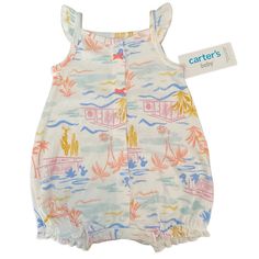 Carter’s Beach Vibes Tank Bodysuit Beautiful Graphic Bodysuit Features A Beachy Vibe. 100% Cotton Cute Summer Bubble Romper For Vacation, Summer Beach Bubble Romper, Sleeveless Bubble Romper For Summer Vacation, Casual Swimwear For Summer Playtime, Sleeveless White Bubble Romper For Beach, Blue Summer Bubble Romper For The Beach, Spring Vacation Bubble Romper For Summer, Cute Summer Bubble Romper For Beach, Blue Summer Bubble Romper For Beach