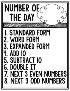 a black and white sign that says, number of the day standard form word form expanded form