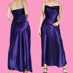 🌹Beautiful purple satin slip dress with cowl neckline UK 8 & UK 10🌹 Condition: No faults or marks ✔️ Label: Yessica by C&A  Size:  UK 8 (W27, B32 & H38 inches)  UK 10 (W29, B34 & H40 inches)  Length: Maxi (ankle length on the 5'8 model) Model size: 10 Model height: 5'8 🌹any questions please do not hesitate to ask🌹 🌹these are vintage items so are in a used condition and may have loose stitching or marks however all noticeable flaws will be shown 🌺 🌹no returns🌹 Fitted Silk Slip Dress In Solid Color, Purple Sleeveless Silk Satin Dress, Party Slip Dress With Cowl Neck And Bias Cut, Purple Silk Evening Slip Dress, Purple Silk Slip Dress For Evening, Fitted Purple Slip Dress For Night Out, Purple Slip Dress With Spaghetti Straps For Party, Purple Spaghetti Strap Slip Dress For Party, Elegant Purple Silk Slip Dress