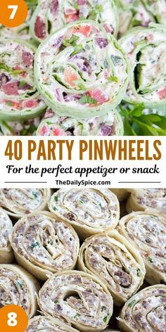 several different types of appetizers with text overlay that reads, 40 party pinwheels for the perfect appetizer or snack