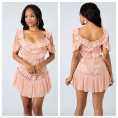 Ruffle And Lace Mini Dress. Can Be Worn Off Or On The Shoulder. Perfect For A Vacation. Feminine Ruffle Dress With Ruffled Straps For Brunch, Summer Lace Dress With Ruffled Skirt, Flirty Off-shoulder Dress With Ruffles, Flirty Off-shoulder Ruffled Mini Dress, Ruffled Straps Mini Dress For Night Out, Summer Ruffled Mini Dress For Date Night, Summer Mini Dress With Ruffles For Date Night, Ruffled Mini Dress For Summer Date Night, Ruffled Mini Dress For Date Night In Summer