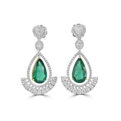 9.00 Cts Emerald and White Diamond Earring in 18K Two Tone Gia Certified Luxury Diamond Earrings For Formal Occasions, Luxury Pear-shaped Diamond Earrings With Gemstones, Luxury Diamond Gemstone Earrings For Formal Occasions, Luxury Diamond Earrings With Gemstones For Formal Occasions, Luxury Pear-shaped Bridal Earrings For Formal Occasions, Luxury Pear-shaped Earrings For Formal Occasions, Luxury Pear-shaped Earrings For Formal Events, Elegant Gia Certified Drop Earrings, Luxury Gia Certified Pear-shaped Diamond Earrings