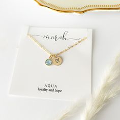 This is a thoughtful and unique gift for birthdays, graduation, Wedding, Anniversary, Christmas or Mother's Day.  M A T E R I A L S * A N D * S I Z E - hand stamped 14k Gold Filled Disc measures 9mm, - 18K Gold Filled Stainless Steel Chain, - and Gold Plated Birthstone Charm measures 6mm. * An additional Gift Message will be available at the checkout - this will create an additional card with your custom message. Other March Birthday Gifts ideas: https://www.etsy.com/shop/JewelleryJKW?ref=seller-platform-mcnav&search_query=march March Birthday Gift, Birthstone and Initial Necklace, Personalized Gift for Women, Gold Name Necklace, Jewelry Birthday Gift for Teens  Do you have any questions about this listing? Please contact me via Etsy! * This Necklace comes with the pictured Card Insert - y Inspirational Gold Jewelry For Birthdays, Inspirational Birthstone Jewelry Gift, Inspirational Birthstone Jewelry For Gifts, Personalized Inspirational Jewelry For Birthdays, Personalized Inspirational Jewelry For Birthday, Inspirational Personalized Jewelry For Birthday, Mother's Day Birthstone Charm Necklaces For Birthday, Meaningful Birthstone Jewelry For Birthday Gift, Mother's Day Birthday Birthstone Charm Necklace