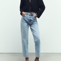 High Waisted Jeans With Five Pockets. Washed Effect. Front Zip And Metal Button Closure. Zara Denim Jeans For Workwear, Zara Denim Jeans For Work, Blue Cropped Jeans For Workwear, Cropped Blue Jeans For Work, Trendy Zara Jeans With Button Closure, Zara Straight Leg Jeans With Button Closure, Zara Blue Jeans With Button Closure, Mom Fit Jeans, Denim Chic