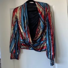 Nwot Vici Sequined Blouse Sz Medium Multicolor Festive Tops For Fall, Blue Blouse For Night Out In Fall, Blue Fall Party Blouse, Red Long Sleeve Tops For Party Season, Festive Multicolor V-neck Top, Red Long Sleeve Party Top, Chic Multicolor Tops For Party, Multicolor Sequin Tops For Fall, Blue Top For Night Out Party Season