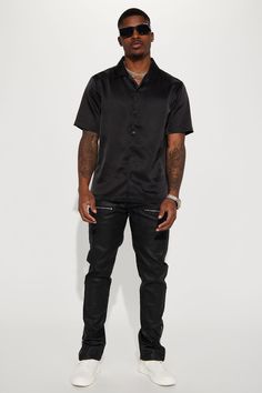 Model Height: 6'1 - Wearing Large Big & Tall: Height 6'5 - Wearing XXL Available In Black. Fold Down Collar Front Button Closure Short Sleeve 100% Polyester Imported | Mens Links Satin Short Sleeve Button Up Shirt in Black size 3XL by Fashion Nova Fitted Black T-shirt With Button Closure, Black Fitted T-shirt With Button Closure, Short Sleeve Buttoned Tops For Streetwear, Streetwear Short Sleeve Tops With Buttons, Short Sleeve Tops With Buttons For Streetwear, Black T-shirt With Button Closure For Spring, Black Button Closure T-shirt For Spring, Black Spring T-shirt With Button Closure, Spring Black T-shirt With Button Closure