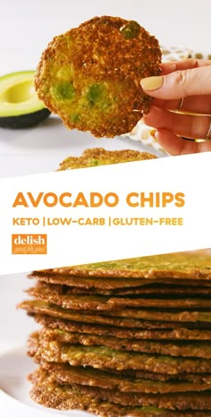 a person holding up a piece of food with the words avocado chips on it