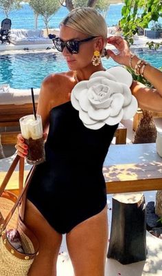 One piece swimsuit Pads Quick drying with sheen Cold gentle machine wash Elastane/Spandex Ruffle Black And White Swimsuit Outfit, Classy Swimsuit, 333 Font, Elegant Swimsuit, Elegant Swimwear, Flower Swimsuit, Unique Swimwear, Vacation Goals, Swimsuits Outfits