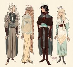 four different types of people dressed in medieval clothing, one with long hair and the other wearing