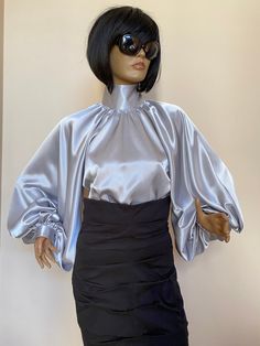 "This is a very stylish Womens Satin blouse. It is comfortable and cozy. Made for a free flowing fit. Great for all year around and for any special occasion or casual day can be dressed up or dressed down. SIZE CHART SIZE S - US 6, UK 8, EU 36 bust: bust around 34.5\"/90cm Waist: waist around 27.5\"/70cm Hips: hips around 34.5\"/90cm SIZE M - US 8, UK 10, EU 38 bust: bust around 37.5\"/95cm Waist: waist around 29.5\"/75cm Hips: hips around 37.5\"/95cm SIZE L - US 10, UK 12, EU 40 bust: bust arou Evening Silk Blouse With Gathered Sleeves, Silk Blouse With Gathered Sleeves For Evening, Elegant Party Puff Sleeve Top With Pleated Sleeves, Elegant Evening Puff Sleeve Top With Gathered Sleeves, Elegant Puff Sleeve Top With Lantern Sleeves For Party, Elegant Evening Puff Sleeve Long Top, Elegant Lantern Sleeve Puff Top For Parties, Glamorous Puff Sleeve Blouse For Evening, Glamorous Puff Sleeve Evening Blouse