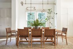 a dining room table with chairs and a potted plant in the middle of it