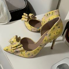 Floral Print Yellow 10 With Green Pink And Purple Flowers Pink Platform Shoes, Polka Dot Heels, Ivory Heels, Black Satin Heels, Denim Heels, Betsey Johnson Shoes, Vintage Betsey Johnson, Rhinestone High Heels, Pink Platforms