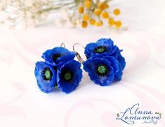 "Blue poppy earrings Blue anemone earrings Blue flower earrings gift Blue Blooming earrings Royal blue floral earrings Birthday gift for her  Beautiful royal blue earrings with anemone. Accentuate your individuality with the help of bright flowers earrings! These jewelry with flower will be a beautiful addition to your attire!  Each little flower was carefully sculpted by me. Flower Earrings is made by hand in a special technique. Each leaf, petal, flower and dot are made with great patience and placed on a background, one by one ♥If you need a different color of earrings - write to me. I will make these earrings for you in any color.♥ Diameter earrings ~2.3cm /0.90\" ✿These earrings can be made to order. Please allow 3-7 days for production time. ✿ Real colors may slightly differ from one Blue Flower Shaped Earrings For Anniversary, Handmade Blue Round Flower Earrings, Handmade Flower Drop Earrings For Gift, Blue Flower Earrings Nickel Free, Blue Hypoallergenic Jewelry For Mother's Day, Elegant Blue Jewelry With Birth Flower, Handmade Flower Drop Earrings As Gift, Nickel-free Blue Flower Earrings, Blue Flower-shaped Earrings With Ear Wire