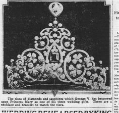 A photo of the diamond and emerald VAD tiara/brooch given to Princess Mary from a newspaper of the time Mary Princess Royal, Emerald Tiara, Crown And Tiara, Wedding Tiaras, Queen Of Scots