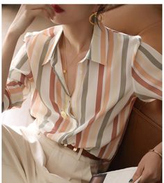 Multi Soft Colors Striped Elegant Basic Shirt – 4Colordress Vintage Professor, Korean Fashion Shirt, 1960s Art, Y2k Street Style, Womens Basic Tops, Leisure Fashion, Autumn Clothes, Basic Shirts, Fashion Seasons