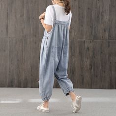 "Material information: Denim cotton 100% Style: Overalls Length: Ankle Pattern: Solid color Applicable season: Spring,Summer,Autumn --------------------------------- The following suggestions are for reference only Fit weight: 50- 73 kg( Please refer to pants waist and hip information ) Fit height: 158 -173 cm/ 62.2-68.1\" ---------------------------- ★★Pants size informaiton: Lenght: 101 cm/ 39.8\" Bust: Free Waist: 122 cm/ 48.0\" Hip:140 cm/ 55.1\" Thigh: 80 cm/ 31.5\" ------------------------ Retro Overalls, Loose Overalls, Overalls Blue, Womens Overalls, Blue Overalls, Style Overalls, Tie Dye Jeans, Corduroy Coat, Cotton Jumpsuit