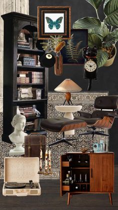 a living room filled with furniture and lots of plants on top of it's shelves