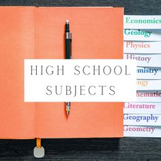 an open notebook with the words high school subjects written on it next to several books