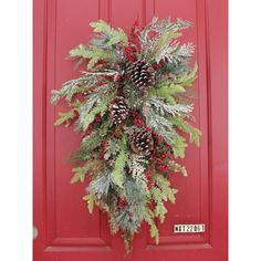 a christmas wreath hanging on a red door with pine cones and evergreens around it