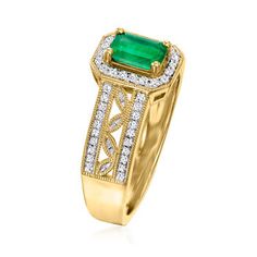 Ross-Simons - .40ct Emerald, .22ct t. w. Diamond Halo Ring in 14kt Yellow Gold. Size 8. An elegant emerald meets dazzling diamonds with this 14kt yellow gold statement ring. With a .40 carat emerald front-and-center and .22 ct. t. w. diamonds all around, you'll win the night in this one. 3/8" wide. Diamond and emerald ring. Emerald birthstones are the perfect gift for May birthdays. Classic Emerald Ring With Pave Setting For Promise, Classic Emerald Cut Ring With Pave Setting, Formal Yellow Gold Emerald Ring With Pave Setting, Yellow Gold Emerald Ring With Pave Setting For Promise, Fine Jewelry Emerald Cut Diamond Ring With Pave Setting, Yellow Gold Emerald Ring With Pave Setting, Yellow Gold Emerald Ring With Diamond Accents, Baguette Cut, Yellow Gold Ring With Pave Setting And Emerald Cut, Yellow Gold Emerald-cut Ring With Pave Setting