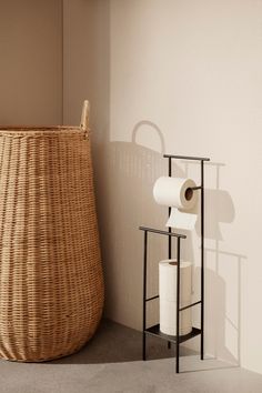 The Dora collection is comprised of freestanding pieces designed to provide practical storage solutions while complementing any décor aesthetic. Minimalist, slim, and practical, the Dora Toilet Paper Stand allows for varied storage with two small towel bars, an easy-refill toilet paper bar, and a low shelf. The powder-coated metal of the simple frame is finished to resist rust and withstand damp conditions, making it the perfect addition to bathrooms and laundry rooms. Details Made In: Denmark M Tall Laundry Basket, Toilet Paper Stand, Design Online Shop, Towel Stand, Danish Furniture Design, Paper Stand, Clothes Stand, Large Armchair, Small Towel