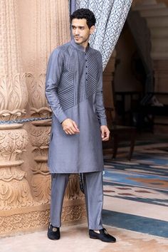 Grey kurta featuring geometric linear metal work and a mandarin neckline. Paired with matching aligadi pant for a complete look., Fit: Relaxed Festive Sets With Geometric Embroidery For Diwali, Festive Diwali Set With Geometric Embroidery, Grey Kurta, Men Kurta, Grey Metal, Linear Pattern, Metal Work, Aza Fashion, Mens Pants