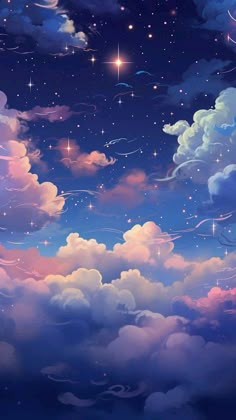 the sky is filled with stars and clouds, as if they were floating in the air