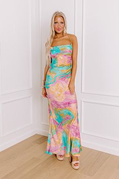 - Sip your sangria in style with this chic maxi! With a colorful marbled print and a fabulous gold colored chain accent at the back, this piece is giving luxe style vibes. Step into stunning style with this fabulous dress! - Unlined material with a satin finish and an abstract marbled print featuring pink, blue, and orange hues - A cowl neckline - This spaghetti straps that lace and tie at the back - A gold chain link accent draped across the back - Pleated accents at the side - A flattering sil Chic Fitted Maxi Dress With Vibrant Print, Multicolor Maxi Prom Dress, Multicolor Maxi Dress For Prom, Multicolor Floor-length Maxi Dress For Prom, Fabulous Dress, Luxe Style, Orange Hues, Stunning Style, Pink Men