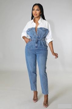 White Collared denim button down jumpsuit with elastic waist band. Aside from the waist, there is no stretch on this jumpsuit. Model is wearing a size small Light Wash Denim Overall Jumpsuit For Day Out, Medium Wash Overall Jumpsuit For Day Out, Medium Wash Overall Jumpsuits And Rompers For Day Out, Trendy Light Wash Button-up Jumpsuits And Rompers, Medium Wash Denim Overall Jumpsuit For Day Out, Casual Medium Wash Button-up Jumpsuits And Rompers, Medium Wash Overall Jumpsuit With Buttons, Relaxed Fit Denim Jumpsuit With Button-up, Relaxed Fit Denim Jumpsuits And Rompers With Button-up