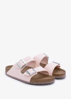 Birkenstock Arizona Vegan Light Rose Birko-Flor Two Bar Mules Light Pink Birkenstocks, Vegan Birkenstock, Pink Birkenstocks, Colourful Shoes, Cute Summer Sandals, Birkenstock Pink, Cute Casual Shoes