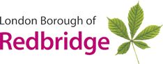 the london borough of redbridge logo is shown in pink and green with leaves on it