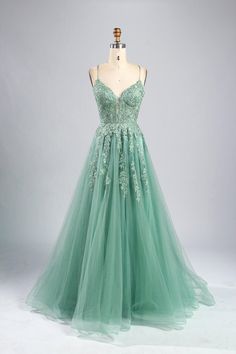 Green Lace Ball Gown For Prom Season, Green Wedding Gown With Floral Applique, Green Floral Applique Wedding Gown, Elegant Green Evening Dress With Floral Embroidery, Evening Gown With Floral Embroidery In Green, Green Fitted Evening Dress With Floral Embroidery, Fitted Green Evening Dress With Floral Embroidery, Green Floral Embroidered Evening Gown, Green Embellished Tulle Ball Gown