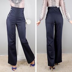 Comfortable and soft high waist glosy pants with doble side buttons, loose Boot-cut leg Material: cotton and viscose Fabric: cotton-60%viscose-36%lycra-4% Details - Corset - doble side buttons - no pockets - loose Boot cut leg SIZES: Tops and Bottoms Size XS                                                                                                  bust- around 34" / 84 cm  waist- around 24''/ 62 cm hips- around 34''/ 86 cm Size S bust- around 35''/ 88 cm waist- around 26''/ 66 cm hips- aro Versatile High-waisted Pants With Button Closure, High-waist Denim Pants With Button Closure, Non-stretch Full-length Bottoms With Button Closure, Fitted Full-length Wide Leg Pants With Button Closure, Full-length Denim Pants With Button Closure, Corset Pants, Androgynous Fashion, Viscose Fabric, Pair Of Pants