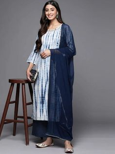 *Women Dyed Pure Cotton Kurta With Palazzos & With Dupatta Indian Salwar Kameez / Cotton Kurta Sets For Women / Ethnic Clothing for Women / Bridesmaid Dress / Evening Dress / Indian Summer Wear Kurta Set / Traditional Indian Wear / Ethnic Wear / Kurti Palazzo Set * Kurta design:- * Abstract dyed  * Straight shape * Regular style * Round neck, three-quarter regular sleeves * Zari detail * Calf length length with straight hem * Pure cotton fabric *Palazzos design:- * Solid Palazzos * Partially ela Semi-stitched Blue Kurta With Dupatta, Blue Cotton Palazzo Set With Dupatta, Semi-stitched Blue Kurta With Sheer Dupatta, Blue Cotton Palazzo Set With Sheer Dupatta, Semi-stitched Silk Blue Kurta, Designer Kurtis, Womens Bridesmaid Dresses, Indian Salwar Kameez, Indian Summer