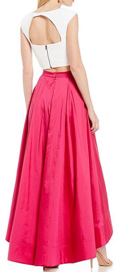 Formal Crop Top And Skirt, Wedding Dress With Pleated Back And Full Skirt, Wedding Maxi Dress With Pleated Back, A-line Gown With Pleated Back, Silk A-line Gown, Pleated Back Maxi Dress For Wedding, Fitted Gown With Pleated Bodice And Full Skirt, Fitted A-line Pleated Gown, Fitted Pink Maxi Dress With Pleated Back