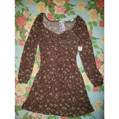 Size L. New With Tags.. I Received This As A Gift & Didn't Like How It Looked On Me. Super Cute Casual Winter Mini Dress With Floral Print, Fitted Floral Print Mini Dress For Winter, Casual Winter Floral Print Mini Dress, Casual Floral Print Mini Dress For Fall, Brown Fitted Floral Print Mini Dress, Fitted Brown Mini Dress With Floral Print, Fitted Floral Print Brown Mini Dress, Silver Metallic Dress, Floral Shirt Dress