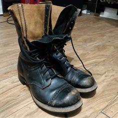 Vintage U.S. Army Combat Boots, Likely 1950s Paratrooper Boots With Bf Goodrich Rubber Soled. Excellent Condition With Some Aesthetic Wear. Black Leather Upper, Leather And Rubber Soles. These Are Beautiful And Sturdy Boots, However The Sizing Is Where Things Get Tricky: Marked Size 6e, With Bottom Sole Stamped As 10 1/2. Width Is 3 1/4”, Length 10 1/2”. I Wear Women’s Shoe Size 6.5 And These Boots Are Too Longthe Size Maybe Closer To A Woman’s 8 But I Really Don’t Know How Military Shoe Sizing Works. My Boyfriend Wears A Men’s Shoe Size 10 And The Boots Are Too Small/Short For Him. 80s Boots, Paratrooper Boots, Vintage Combat Boots, Rugged Fashion, Army Combat Boots, Aesthetic Wear, Military Shoes, Sturdy Boots, Industrial Boots